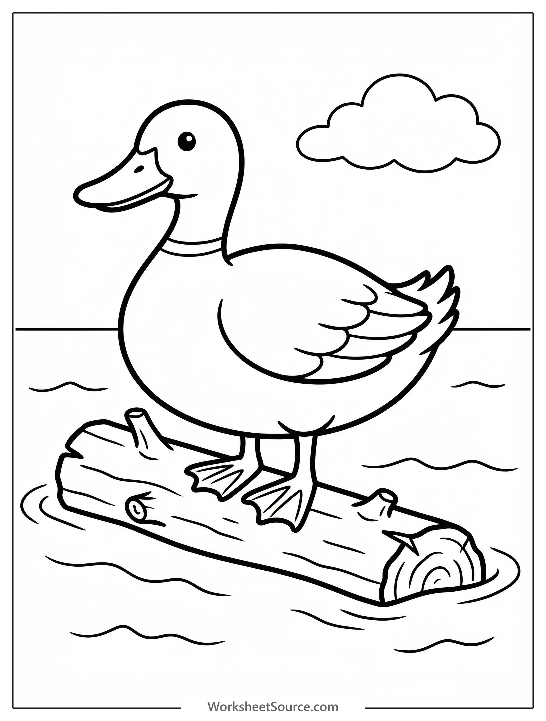 Outline illustration of an anatomically correct duck with detailed feathers and webbed feet, perched serenely on a floating log in water.