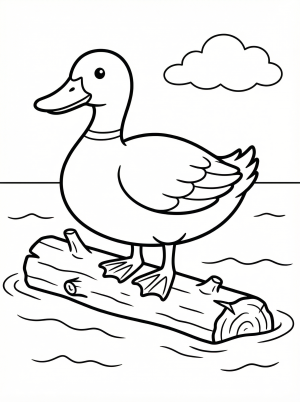 Outline illustration of an anatomically correct duck with detailed feathers and webbed feet, perched serenely on a floating log in water.