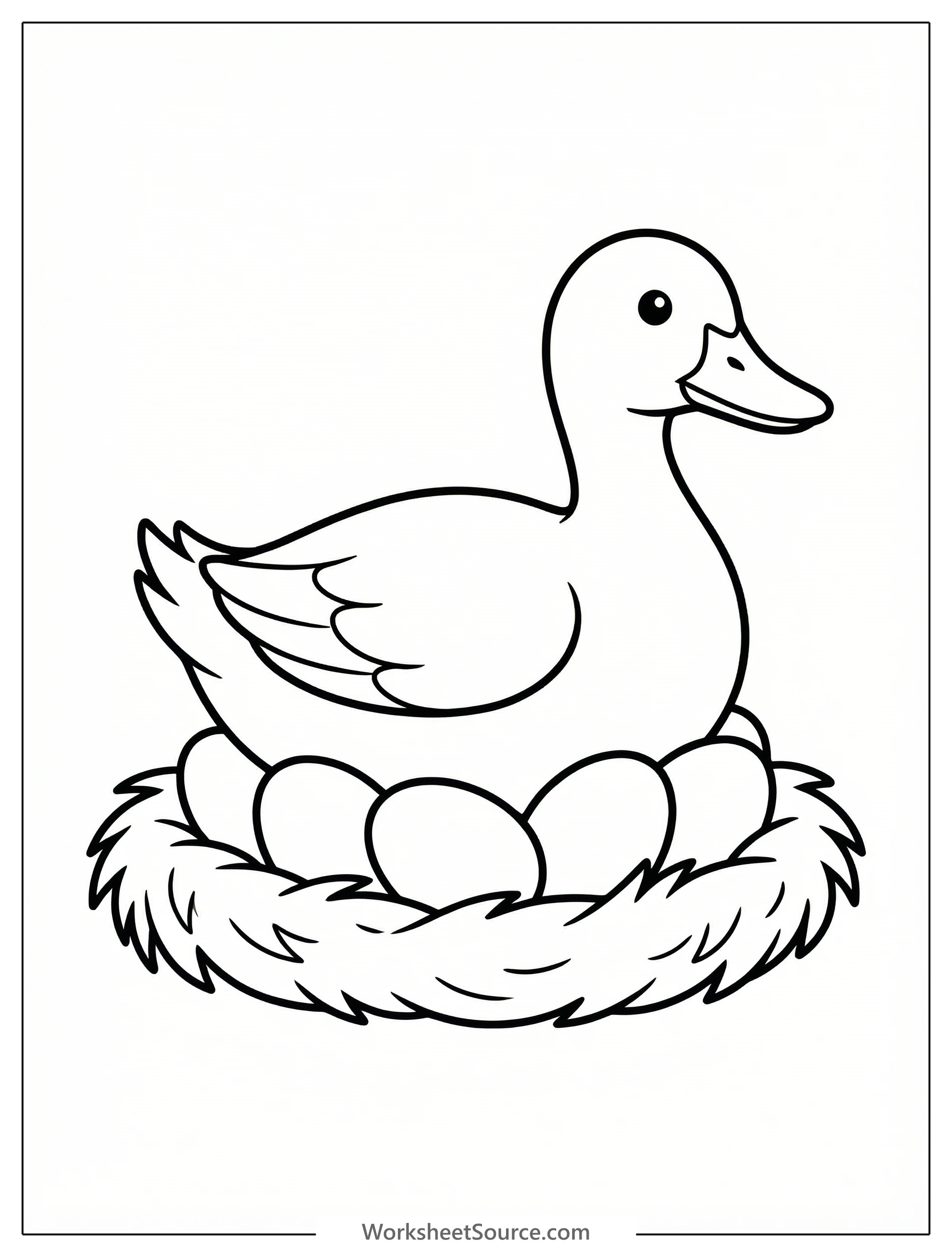 A detailed outline illustration of an anatomically correct duck sitting on a nest filled with several smooth, oval eggs, ready for coloring.