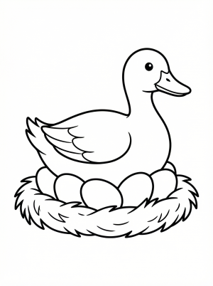 A detailed outline illustration of an anatomically correct duck sitting on a nest filled with several smooth, oval eggs, ready for coloring.