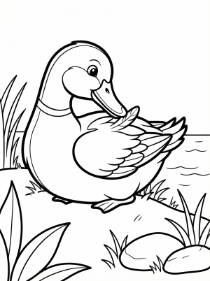 Outline of an anatomically correct duck with a realistic bill, head tilted back, preening feathers on its back. Designed for coloring.