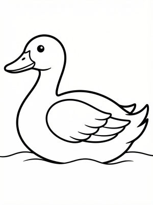 Detailed black and white outline of an anatomically correct duck in a side profile, clearly showing its body, wings, and tail for coloring.