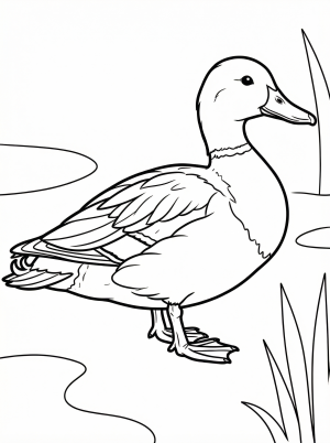 Detailed line art of an anatomically correct realistic duck, showcasing intricate feather patterns and natural body proportions, ready for coloring.