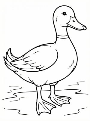 Anatomically correct duck standing upright on two webbed feet, showcasing its distinct body shape, detailed tail feathers, and bill, ready for coloring.