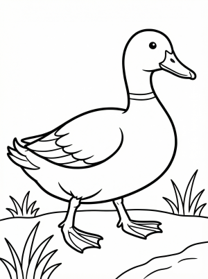 Anatomically accurate cartoon duck waddling on green grass, showing its distinct legs and webbed feet designed for both land and water movement.
