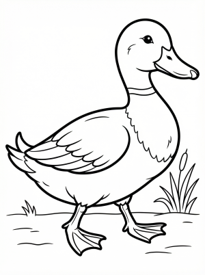 Anatomically correct outline drawing of a duck walking with its webbed feet splayed, showing a slight body sway. Ready for coloring.