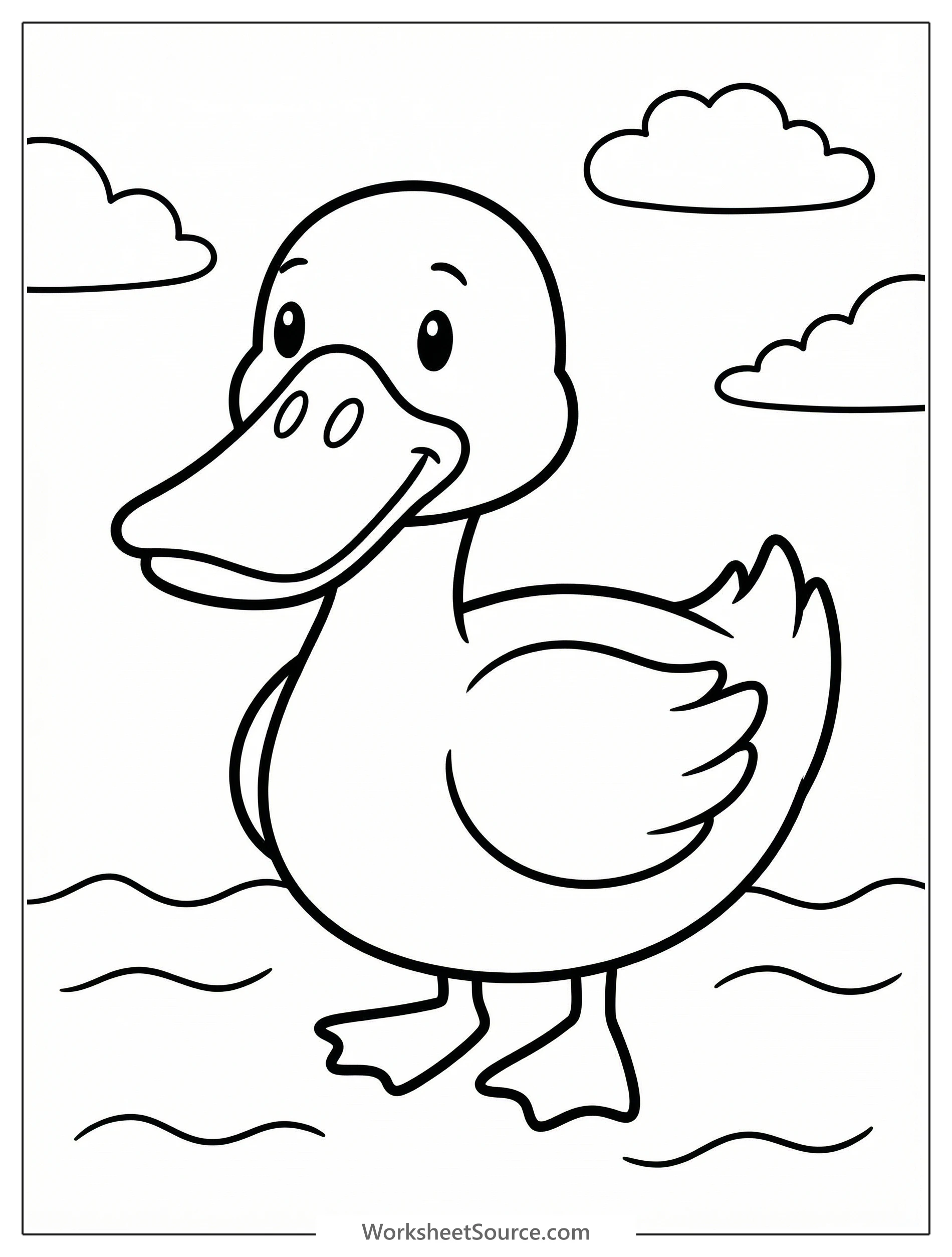 An anatomically correct cartoon-style duck face line art for coloring, featuring a wide, flat bill with clear nostrils and a friendly eye.