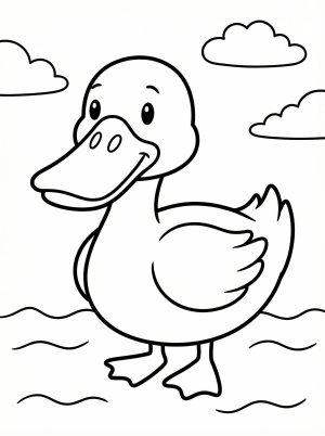 An anatomically correct cartoon-style duck face line art for coloring, featuring a wide, flat bill with clear nostrils and a friendly eye.