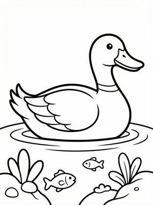 Anatomically accurate drawing of a duck swimming in clear water with a small fish, surrounded by aquatic plants and underwater stones.