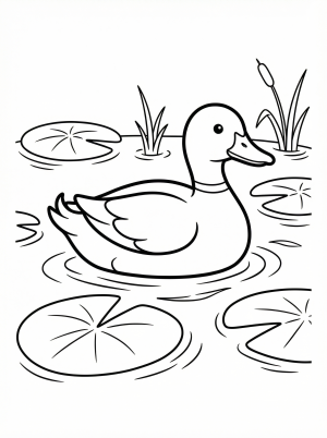An anatomically accurate duck swims serenely among detailed lily pads in a tranquil pond scene, perfect for educational coloring.