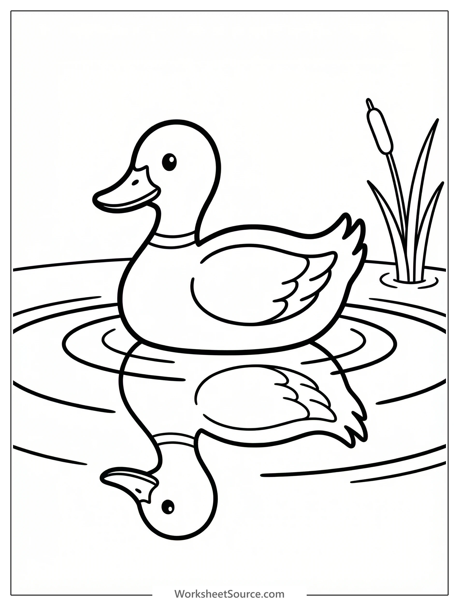 Black and white coloring page outline of an anatomically correct duck floating on water, showing a detailed, clear reflection beneath it.