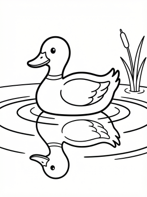 Black and white coloring page outline of an anatomically correct duck floating on water, showing a detailed, clear reflection beneath it.