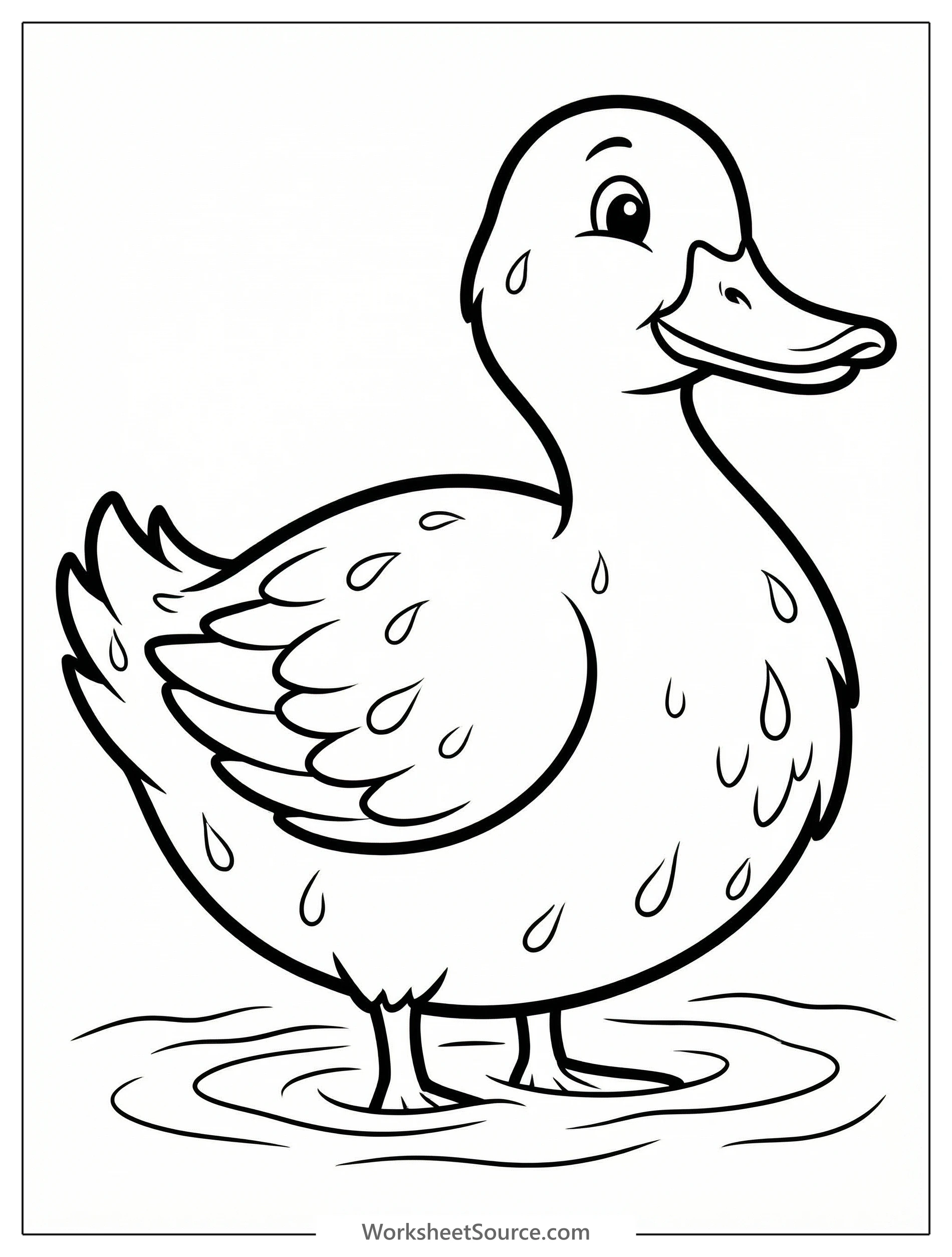 Detailed black and white illustration of an anatomically correct duck standing with intricate feathers and visible water droplets, ready for coloring.