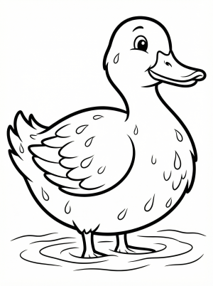 Detailed black and white illustration of an anatomically correct duck standing with intricate feathers and visible water droplets, ready for coloring.