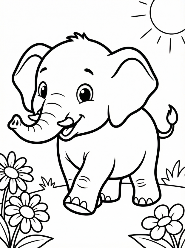 Free printable coloring page showing a baby elephant with flowers, perfect for kids to practice coloring and fine motor skills