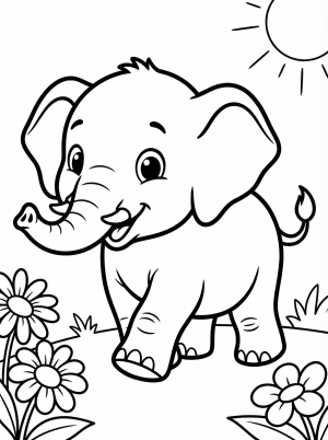 Free printable coloring page showing a baby elephant with flowers, perfect for kids to practice coloring and fine motor skills
