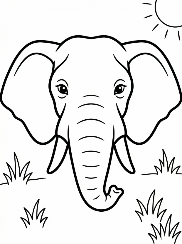 Free printable coloring page showing an elephant face with big ears and trunk, perfect for kids to practice coloring and hand control