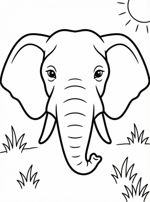 Free printable coloring page showing an elephant face with big ears and trunk, perfect for kids to practice coloring and hand control