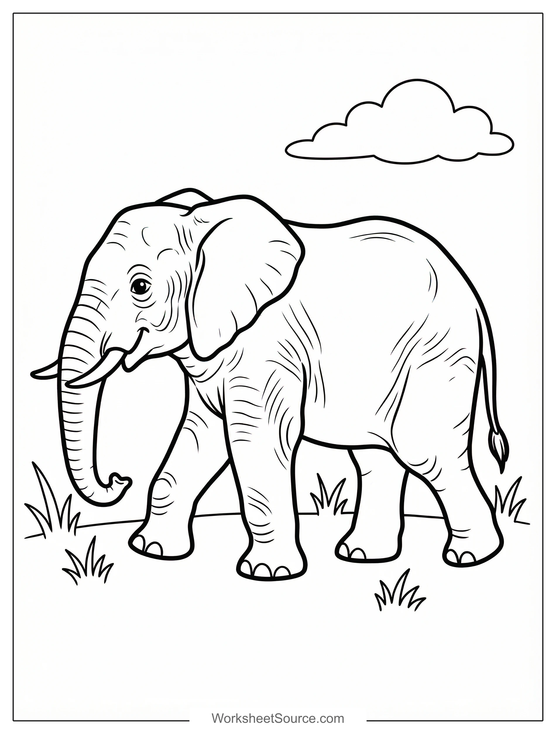 Free printable coloring page showing an elephant side view, perfect for kids to practice coloring and learn about animals