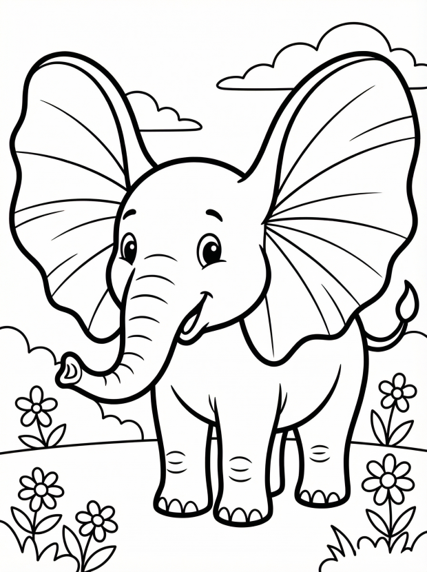 Free printable coloring page showing a smiling elephant with big ears, perfect for kids to practice coloring and learn about animals