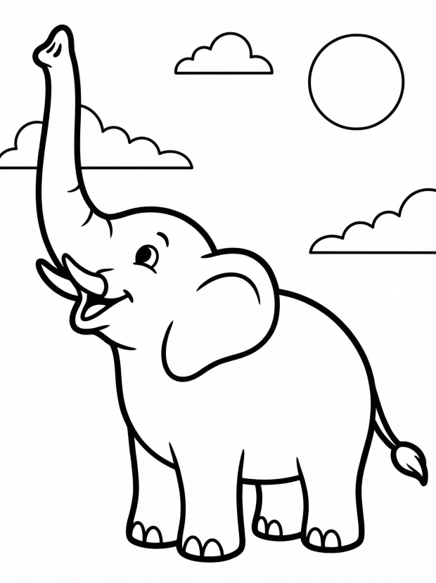 Free printable coloring page showing an elephant with its trunk up, perfect for kids to practice coloring and learn about animals