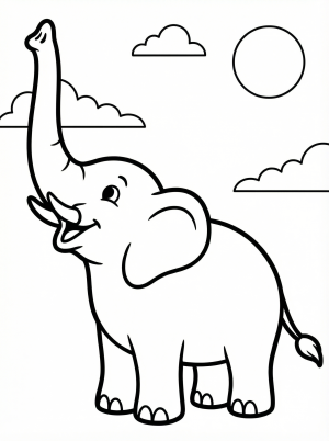 Free printable coloring page showing an elephant with its trunk up, perfect for kids to practice coloring and learn about animals