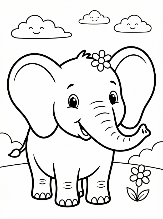 Free printable coloring page showing a friendly elephant with big ears and a flower, perfect for kids to practice coloring and creativity.