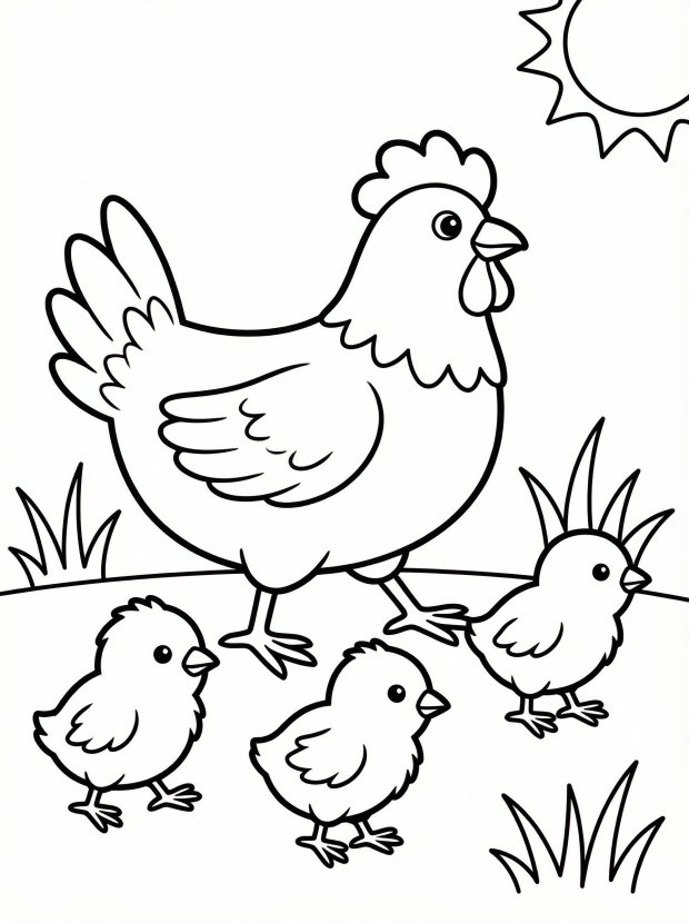 Free printable coloring page showing a hen with three chicks, perfect for kids to practice fine motor skills and color recognition