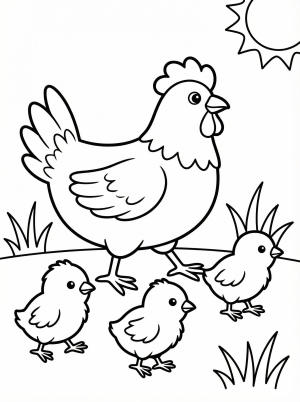 Free printable coloring page showing a hen with three chicks, perfect for kids to practice fine motor skills and color recognition