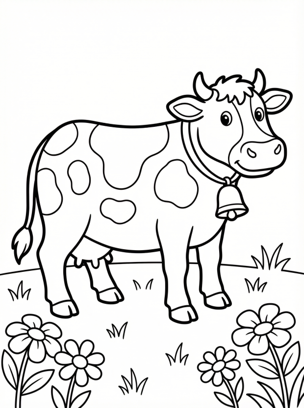 Free printable coloring page showing a cow standing in a grassy pasture with flowers, perfect for kids to practice coloring and learn about farm animals
