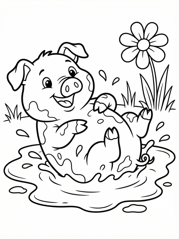Free printable coloring page showing a happy pig rolling in mud, perfect for kids to practice coloring and creativity
