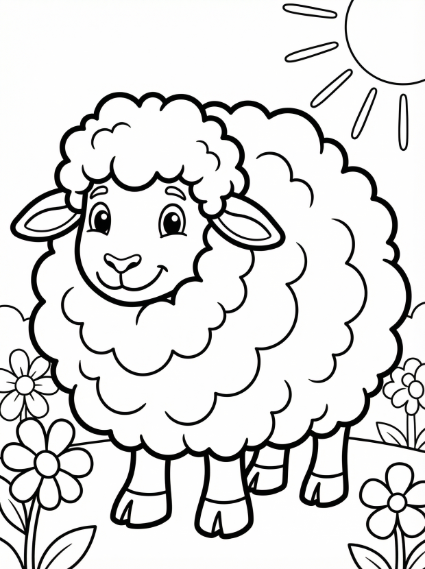 Free printable coloring page showing a fluffy sheep grazing among flowers, perfect for kids to practice coloring and fine motor skills