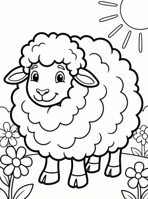 Free printable coloring page showing a fluffy sheep grazing among flowers, perfect for kids to practice coloring and fine motor skills