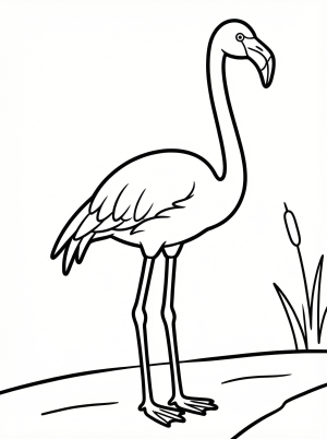 Detailed line art of a graceful flamingo standing alert with its long neck straight, depicting accurate anatomy for educational coloring.