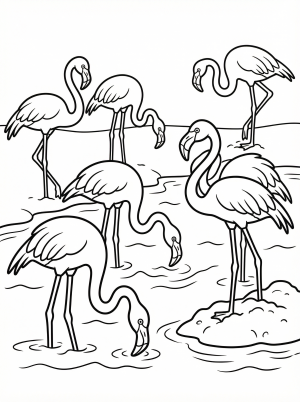 An anatomically correct illustration of a flamingo colony in shallow water, showing multiple flamingos with long legs, curved necks, and distinct feeding postures.