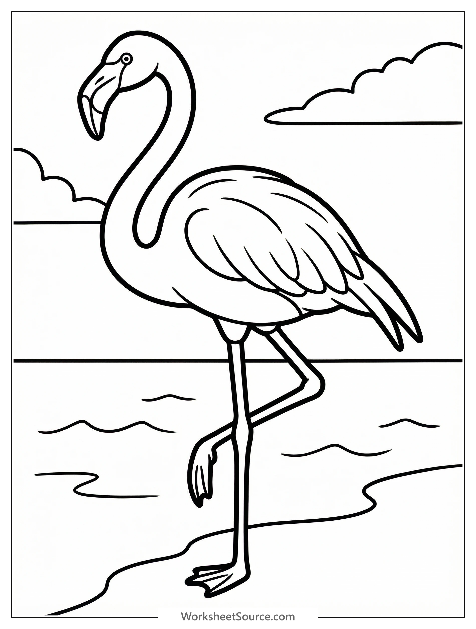 An elegant, anatomically correct flamingo stands gracefully on one leg, with its long, curved neck and distinct beak. The outline is clear for coloring.