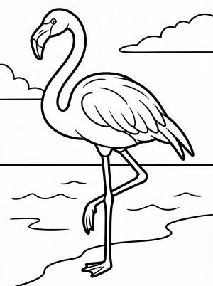 An elegant, anatomically correct flamingo stands gracefully on one leg, with its long, curved neck and distinct beak. The outline is clear for coloring.