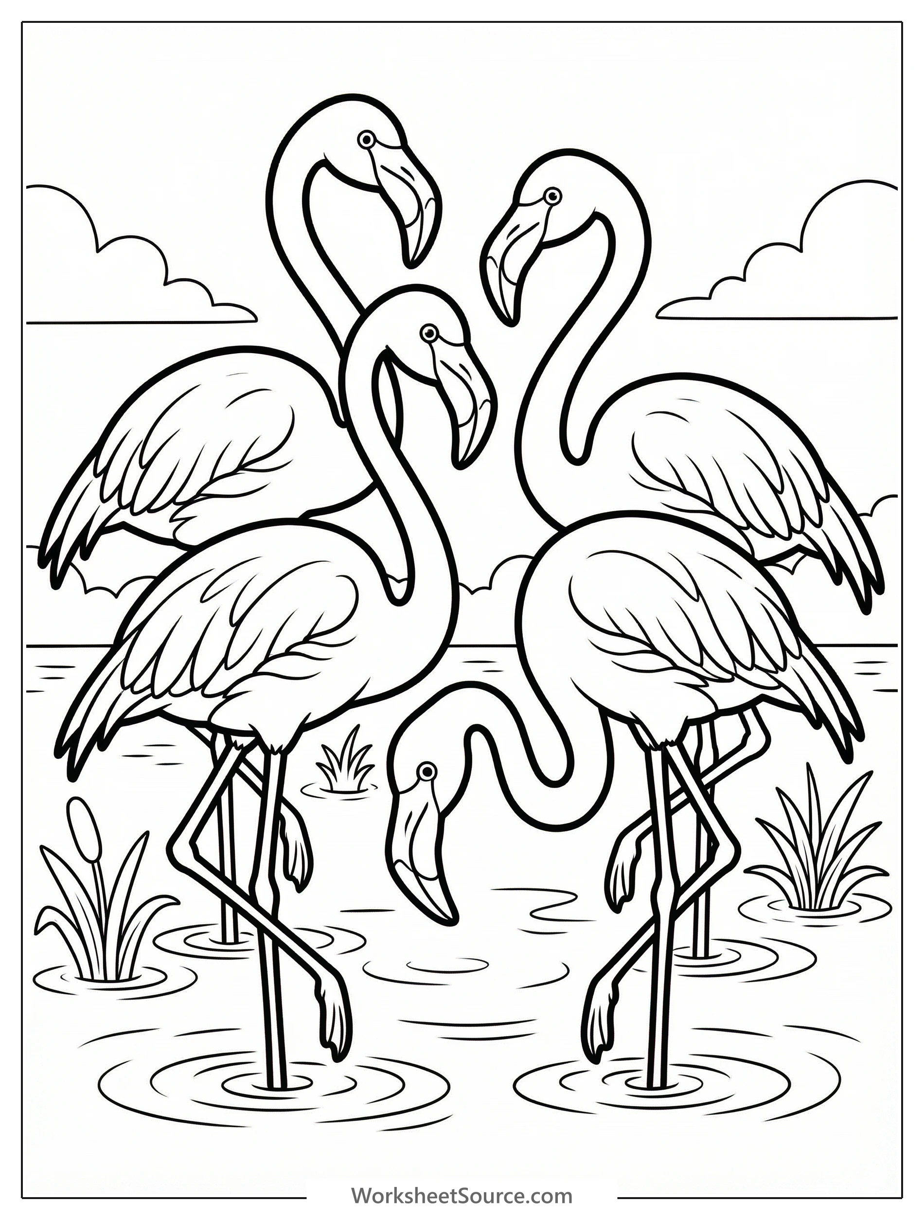 Anatomically correct group of flamingos standing in shallow water, some with necks bent, others looking forward, in a detailed line art style ready for coloring.
