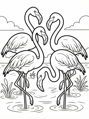 Anatomically correct group of flamingos standing in shallow water, some with necks bent, others looking forward, in a detailed line art style ready for coloring.