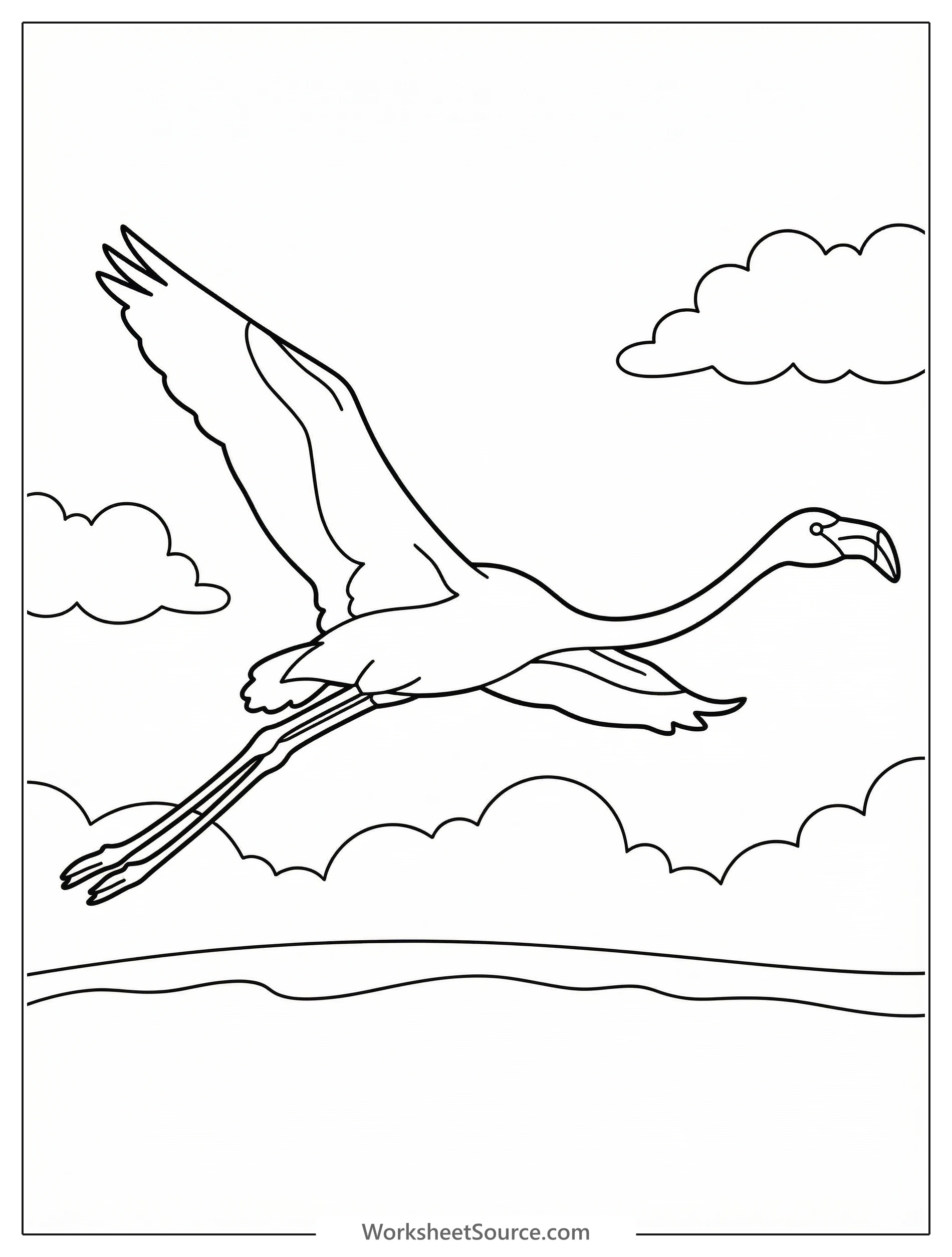 An anatomically correct flamingo in full flight, captured midair with its long neck gracefully extended forward and slender legs trailing behind, ready to be colored.
