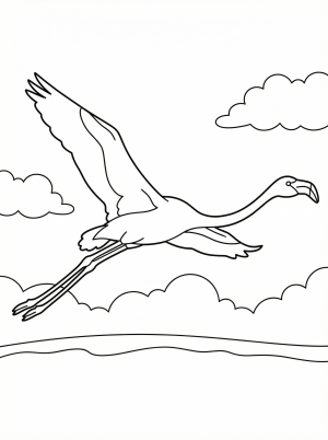 An anatomically correct flamingo in full flight, captured midair with its long neck gracefully extended forward and slender legs trailing behind, ready to be colored.