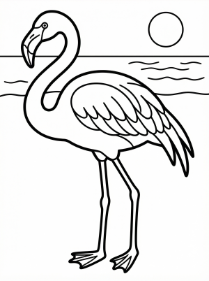 Outline drawing of an anatomically correct flamingo standing, showing its full body, long neck, slender legs, and distinct plumage details.