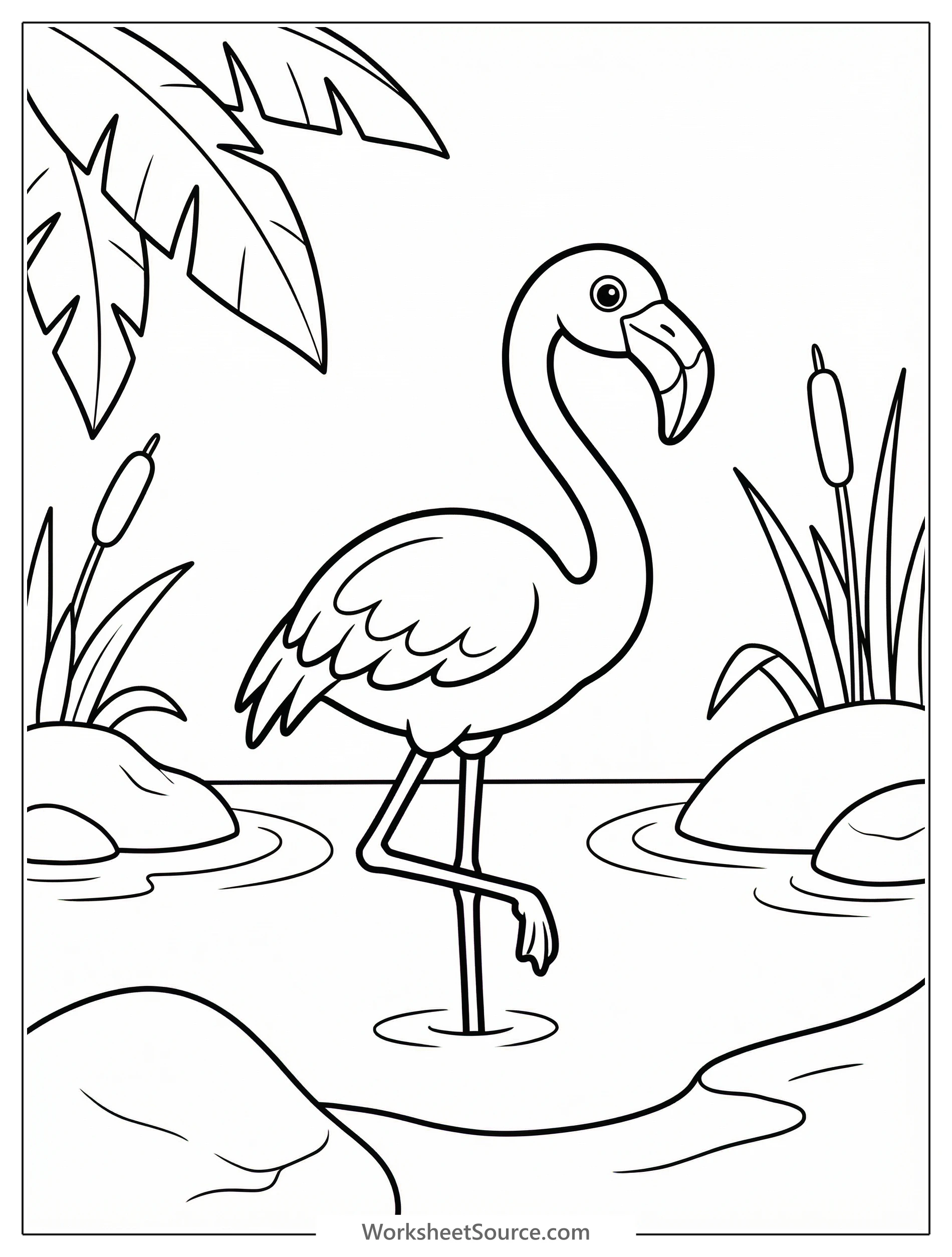 Anatomically correct flamingo standing in a calm tropical lagoon with lush foliage in the background, ready for coloring.