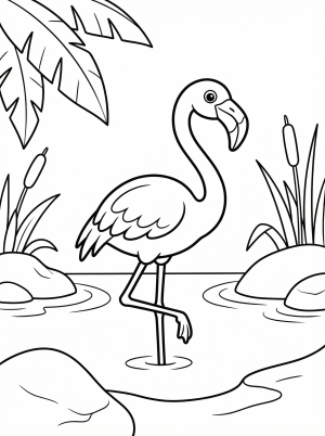 Anatomically correct flamingo standing in a calm tropical lagoon with lush foliage in the background, ready for coloring.