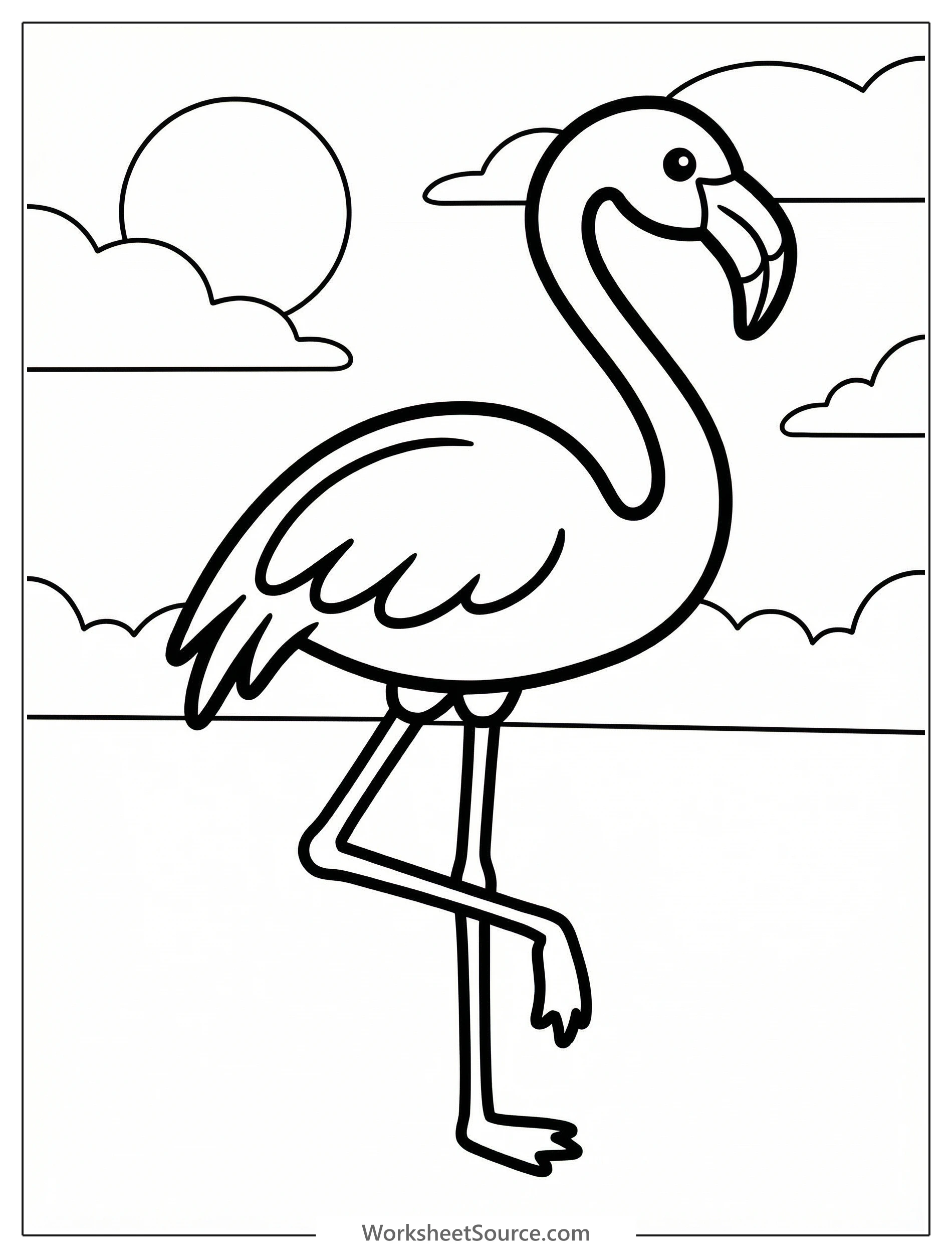 An anatomically correct flamingo stands gracefully in soft morning light, detailed with clear lines, ready for coloring by young artists.