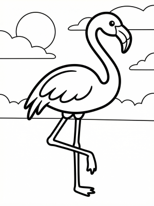 An anatomically correct flamingo stands gracefully in soft morning light, detailed with clear lines, ready for coloring by young artists.