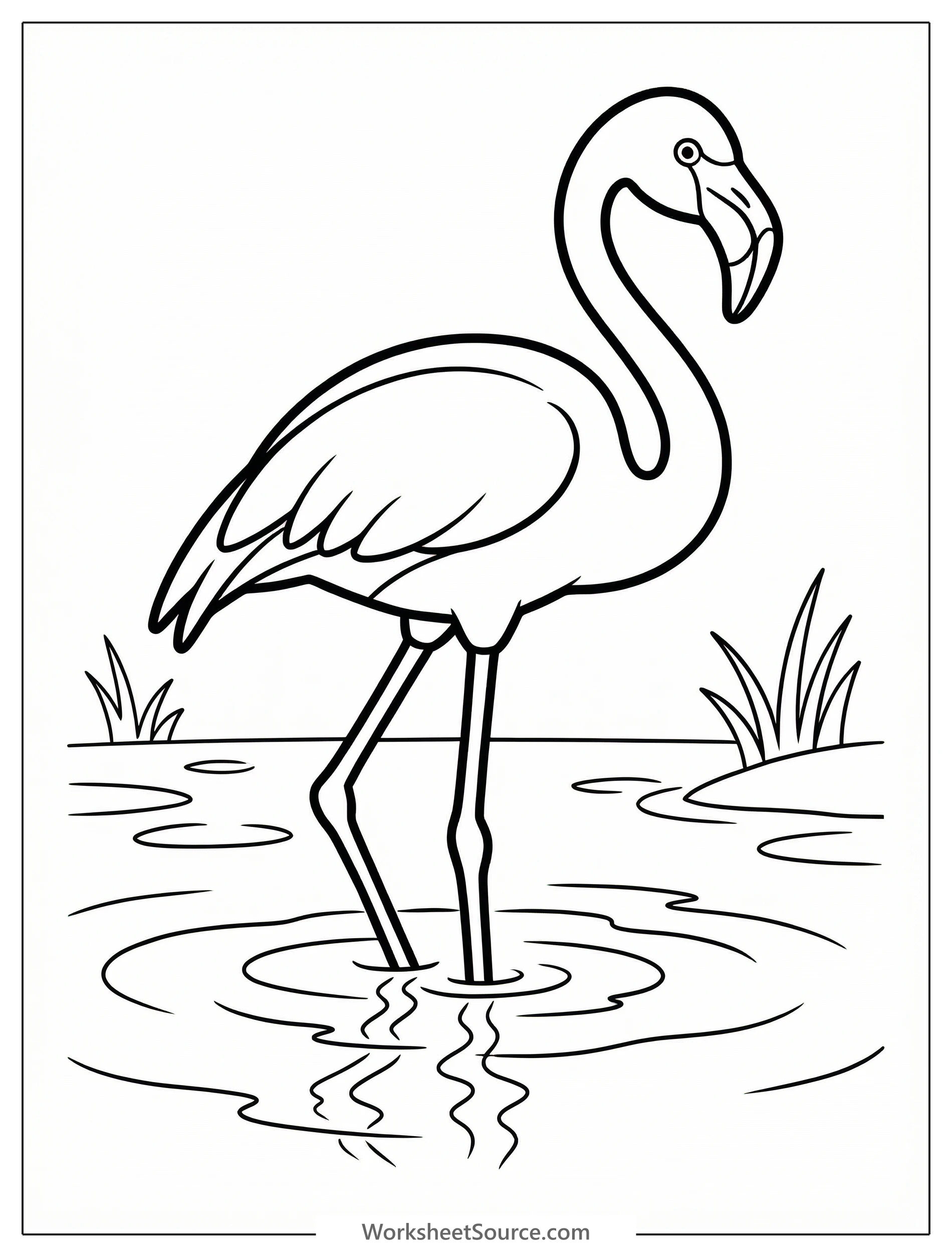 Line art illustration of a tall, anatomically correct flamingo standing gracefully in shallow water with a clear reflection beneath its long legs and curved neck.