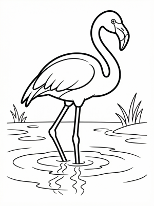 Line art illustration of a tall, anatomically correct flamingo standing gracefully in shallow water with a clear reflection beneath its long legs and curved neck.