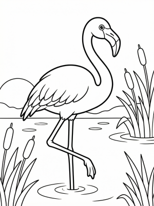 An anatomically correct flamingo standing peacefully in a calm, serene lagoon with water and distant foliage under a clear sky.