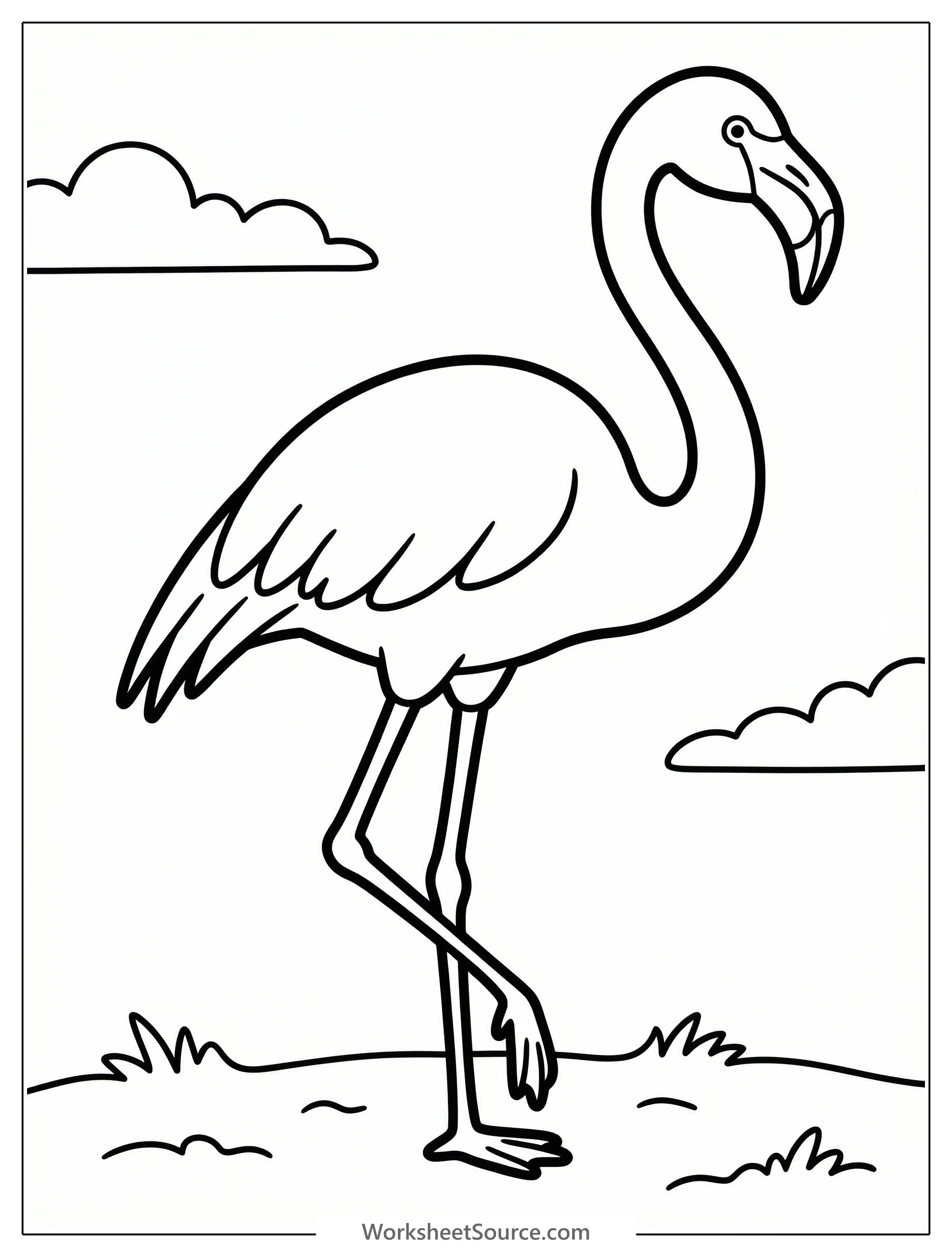 An anatomically accurate side profile illustration of a flamingo, standing tall with its long neck curved, slender legs, and distinct bill.